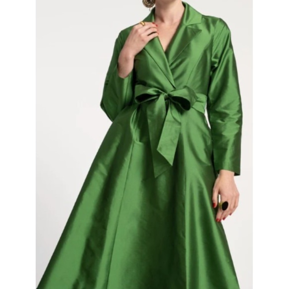 Frances Valentine Lustrous Green Satin Midi Dress with Bow Waist